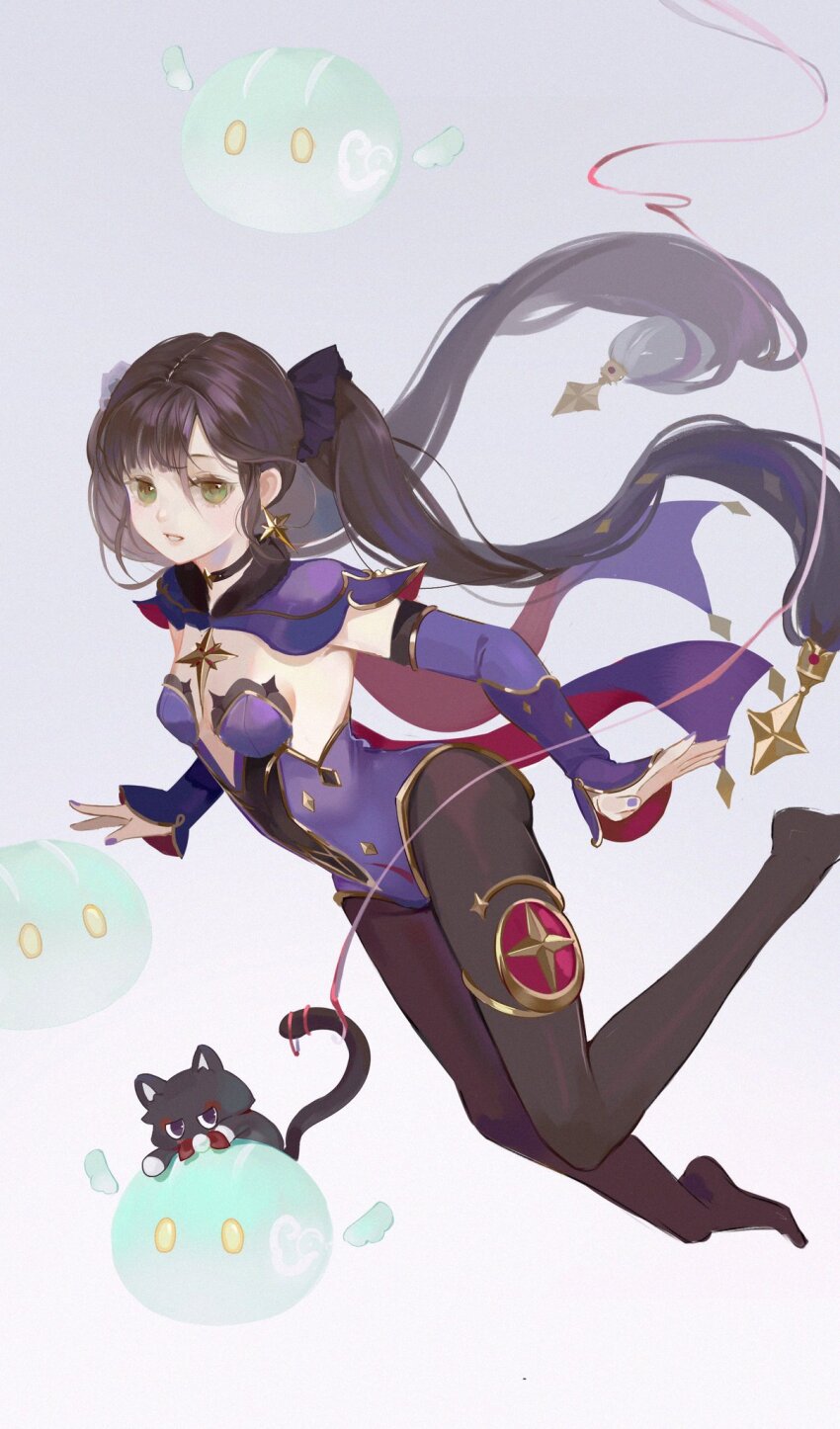 1girl anemo_slime_(genshin_impact) animalization black_bow black_cat black_pantyhose blunt_bangs bodystocking bow brooch brown_hair cape cat detached_sleeves earrings eyelashes eyeliner eyeshadow fur-trimmed_collar fur_collar fur_trim genshin_impact gold gold_trim green_eyes hair_between_eyes hair_bow highleg highleg_leotard highres jewelry leotard long_hair looking_at_viewer makeup mona_(genshin_impact) open_hands pantyhose parted_bangs parted_lips person_and_animalization pink_lips pom_pom_(clothes) ponytail_holder purple_cape purple_leotard purple_nails purple_sleeves red_eyeliner red_eyeshadow scaramouche_(cat)_(genshin_impact) scaramouche_(genshin_impact) slime_(genshin_impact) star_(symbol) star_brooch star_earrings star_print string thighlet twintails very_long_hair white_background white_mouth zhi_cai_bale