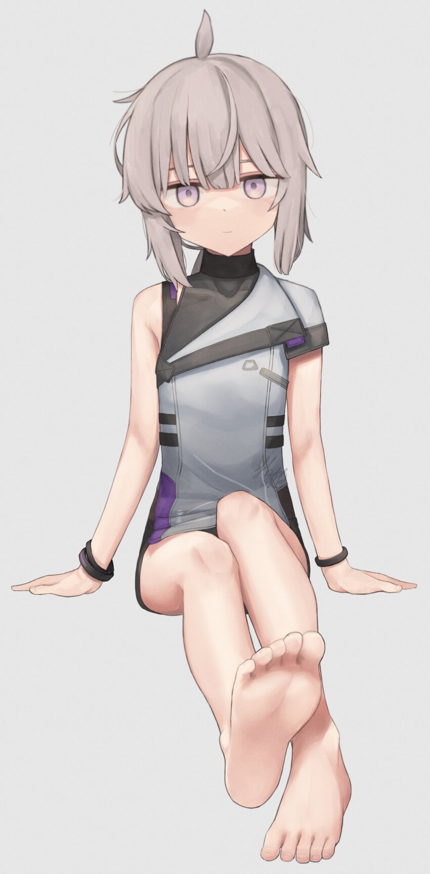1girl absurdres ahoge bracelet closed_mouth covered_collarbone elmo_dormitory_outfit feet foot_focus full_body girls&#039;_frontline girls&#039;_frontline_2:_exilium grey_background grey_hair hair_between_eyes highres jewelry m200_(girls&#039;_frontline) origumi purple_eyes side_labret_piercing signature sitting smile solo toenails toes