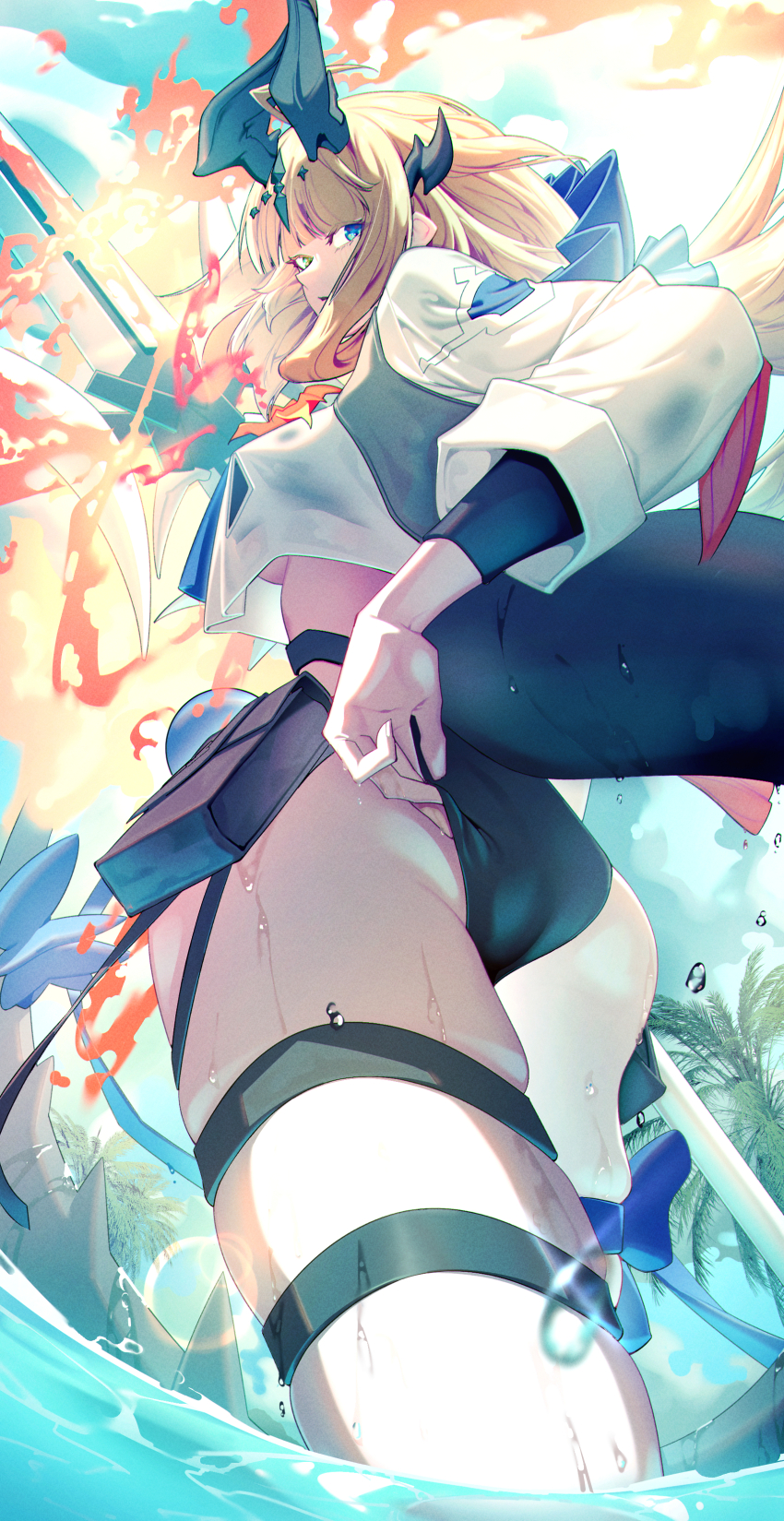 1girl absurdres adjusting_clothes adjusting_panties arknights ass ass_focus black_horns dragon_girl dragon_horns dragon_tail fire highres horns kimo_suna multiple_horns official_alternate_costume panties reed_(arknights) reed_the_flame_shadow_(arknights) reed_the_flame_shadow_(summer_flower)_(arknights) solo swimsuit tail underwear wet