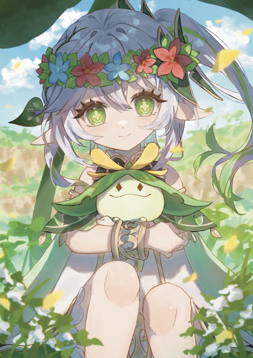 1girl absurdres aranara_(genshin_impact) blue_flower bracelet closed_mouth cross-shaped_pupils detached_sleeves dress feet_out_of_frame flower genshin_impact gold_bracelet green_eyes green_hair hair_between_eyes hair_ornament head_wreath highres hug hug_from_behind jewelry leaf_hair_ornament looking_at_viewer multicolored_hair nahida_(genshin_impact) pointy_ears red_flower riri_hashi short_sleeves side_ponytail sitting smile symbol-shaped_pupils white_dress white_hair