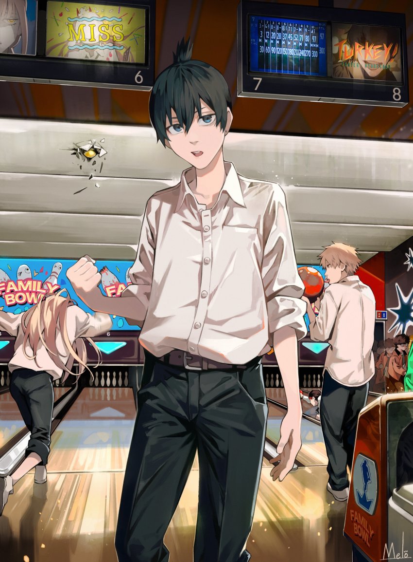 2boys 3girls absurdres ball black_hair black_pants blonde_hair blue_eyes bowling bowling_alley bowling_ball bowling_pin celebration chainsaw_man clenched_hands collared_shirt denji_(chainsaw_man) destruction hair_between_eyes hair_ornament hairclip hayakawa_aki higashiyama_kobeni highres horns kyuuba_melo licking long_hair looking_at_viewer makima_(chainsaw_man) multiple_boys multiple_girls on_floor open_mouth pants power_(chainsaw_man) red_hair red_horns shirt shirt_tucked_in sidelocks topknot white_shirt