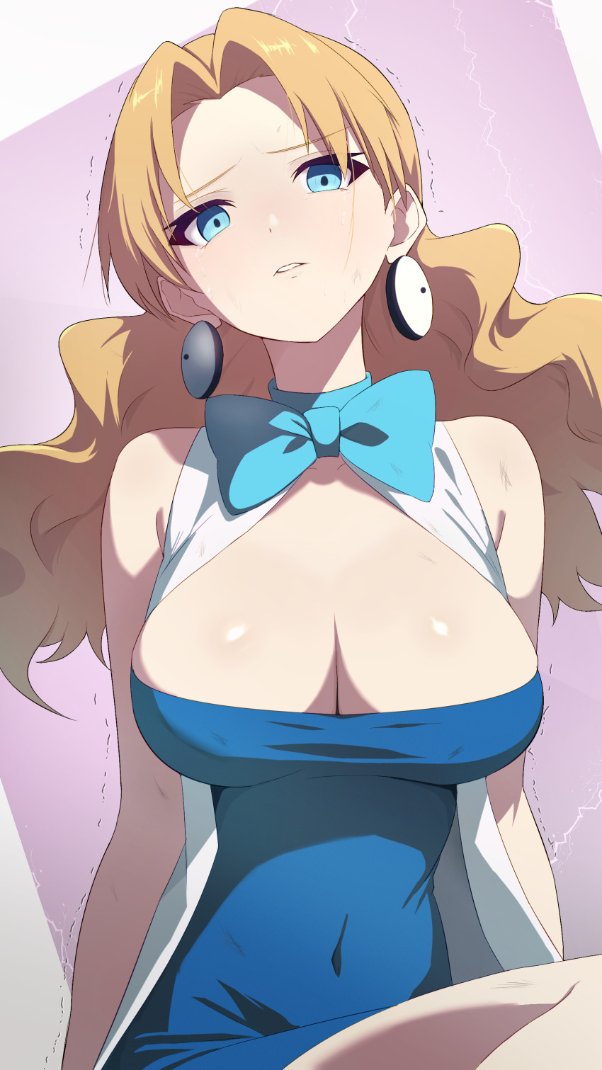 1girl absurdres aged_up alternate_breast_size bare_arms blonde_hair blue_bow blue_bowtie blue_dress blue_eyes bow bowtie breasts cleavage covered_navel crying crying_with_eyes_open dress earrings empty_eyes head_tilt highres jewelry large_breasts long_hair looking_at_viewer molly_hale motion_lines nintendo parted_lips pink_background pokemon pokemon_(anime) pokemon_(classic_anime) pokemon_3:_the_movie_-_spell_of_the_unown:_entei ryokuchabushi shiny_skin sleeveless sleeveless_dress smile solo tears trembling very_long_hair