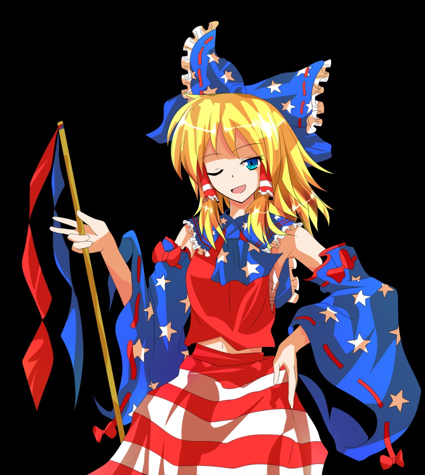 1girl alphes_(style) alternate_color alternate_hair_color american_miko blonde_hair blue_eyes bow detached_sleeves female_focus gohei hair_bow hakurei_reimu hand_on_own_hip highres looking_at_viewer midriff one_eye_closed open_mouth pandora-ex parody sarashi smile solo star_(symbol) style_parody touhou transparent_background united_states white_background wink