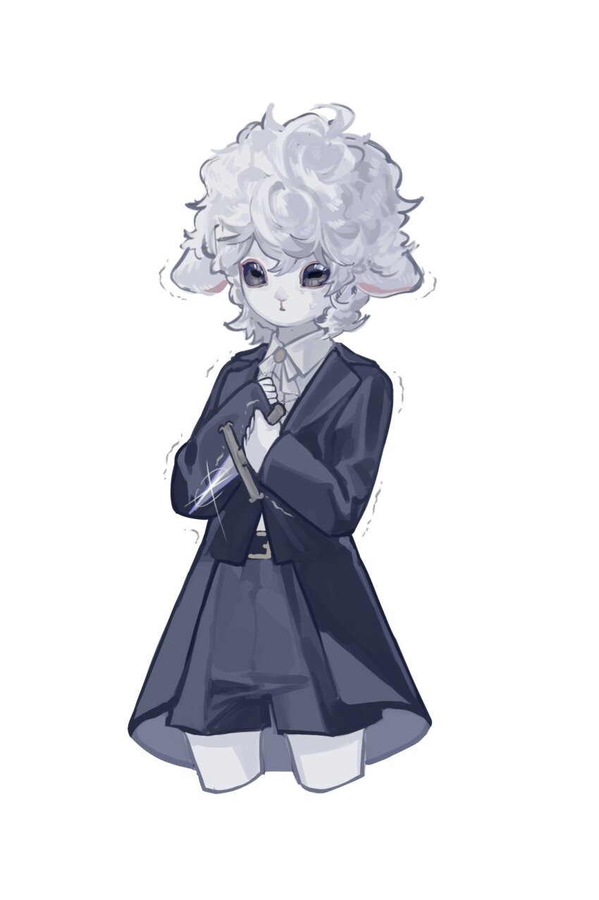 1girl alternate_costume animal_head barbara_(reverse:1999) black_coat black_shorts bow bowtie brown_eyes coat cowboy_shot cropped_legs dagger glint hands_up highres holding holding_dagger holding_knife holding_weapon horizontal_pupils knife reverse:1999 sheep_girl sheep_head shirt shorts sikhye_(ccc14t) solo trembling weapon white_background white_bow white_bowtie white_shirt
