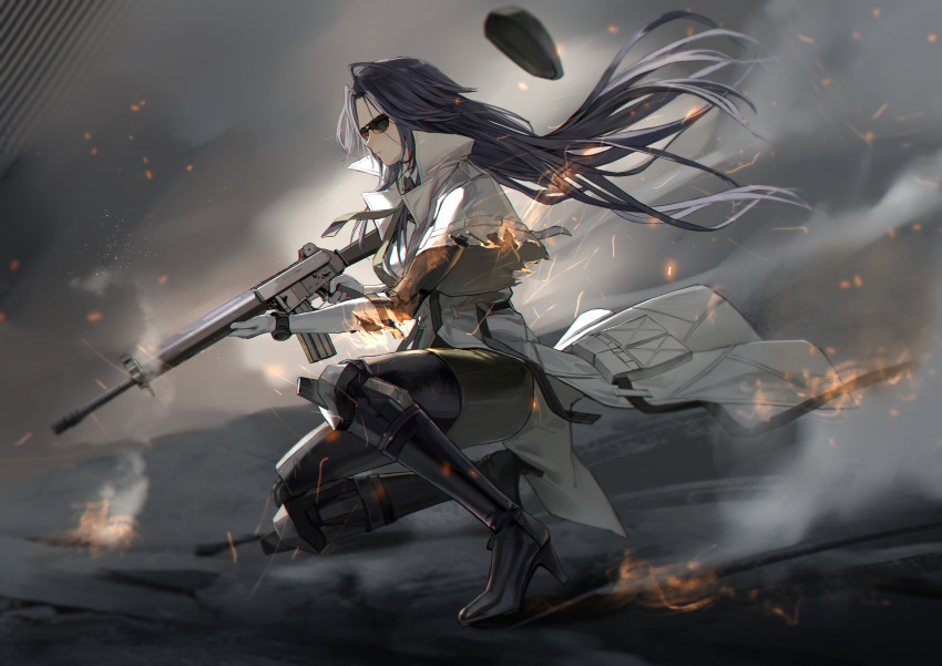 1girl absurdres ar-18 ar-18_(girls&#039;_frontline) assault_rifle black_boots black_hair boots burning_clothes chinese_commentary closed_mouth coat commentary commentary_request commission embers english_commentary expressionless floating floating_hair from_side full_body girls&#039;_frontline green_skirt gun high_heel_boots high_heels highres holding holding_gun holding_weapon kisetsu long_hair mechanical_arms mechanical_legs mixed-language_commentary partial_commentary rifle second-party_source single_mechanical_arm skirt smoke solo sunglasses weapon white_coat yellow_eyes