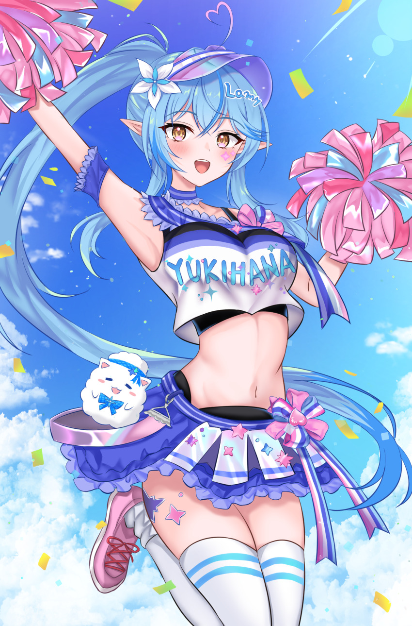 1girl ahoge aqua_hair arlonn arm_up armpits blue_choker blue_skirt blue_sky blush breasts character_name cheerleader choker collarbone commentary_request crop_top elf flower hair_between_eyes hair_flower hair_ornament heart heart_ahoge highres hololive jumping long_hair looking_at_viewer medium_breasts miniskirt navel open_mouth pink_hair pink_shoes pointy_ears pom_pom_(cheerleading) ponytail shoes skirt sky smile solo stomach thighhighs very_long_hair virtual_youtuber visor_cap white_flower white_thighhighs yellow_eyes yukihana_lamy