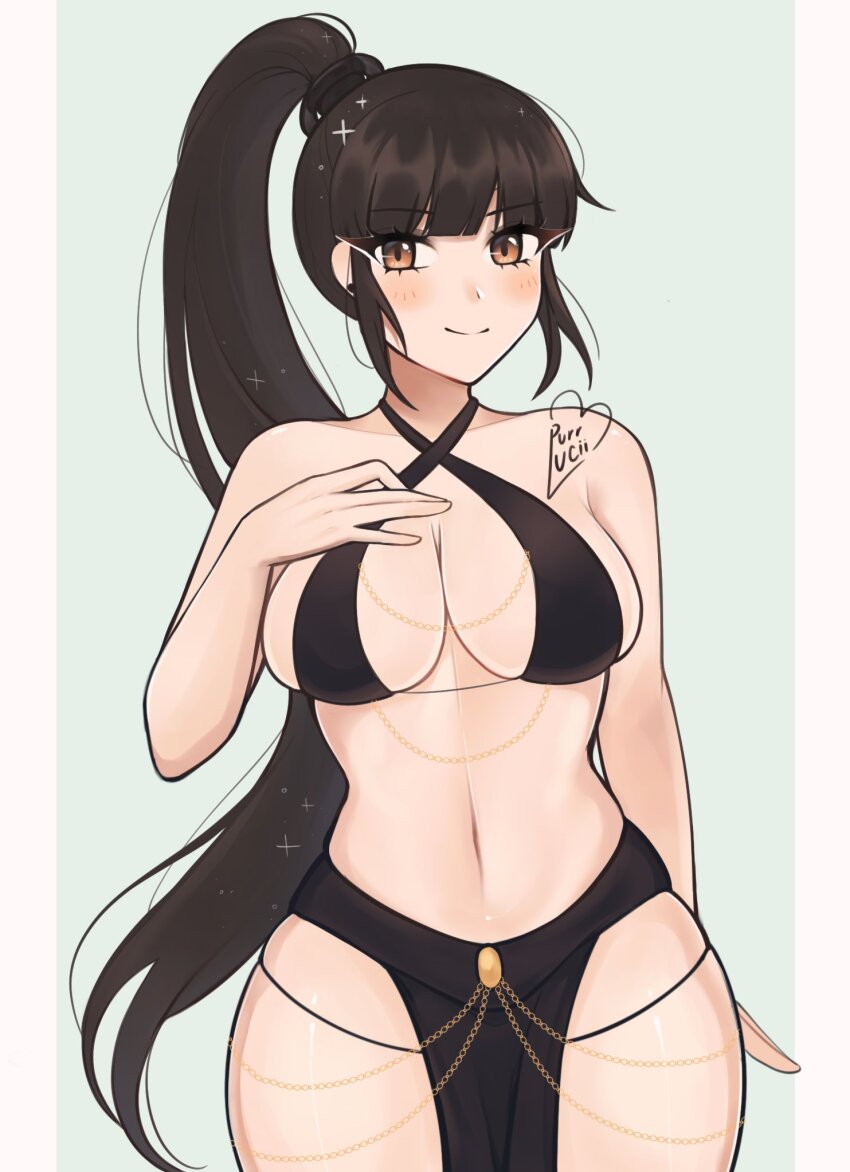 artist_name black_hair breasts chain criss-cross_halter eve_(stellar_blade) gold_chain halterneck highres long_hair looking_at_viewer luci_(purrlucii) medium_breasts meme_attire navel pelvis smile stellar_blade very_long_hair yomorio_lingerie