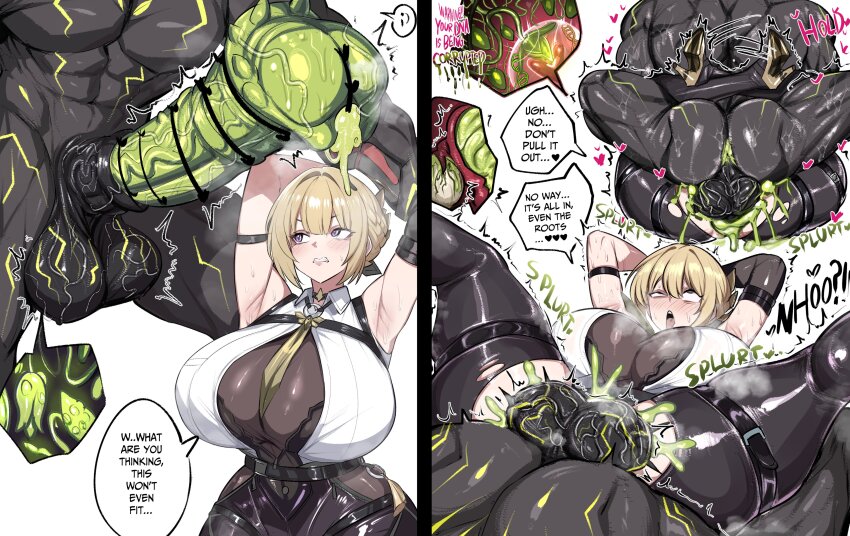 1girl absurdres breasts cum cum_in_pussy ethereal_(zenless_zone_zero) evelyn_chevalier geulimykun_(skbyunea413) highres huge_breasts huge_penis impregnation large_testicles looking_at_penis monster penis testicles zenless_zone_zero