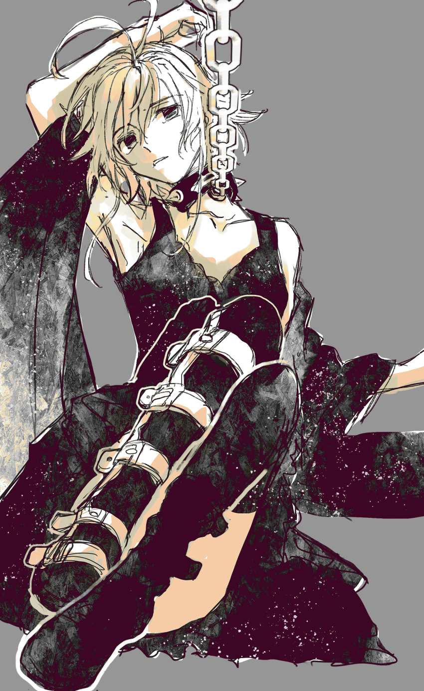 1girl absurdres antenna_hair arm_up armpits black_boots black_dress boots chain clamp_(circle)_(style) collarbone dress full_body grey_background greyscale highres koyomania looking_at_viewer monochrome parted_lips sakura_hime sash short_dress sidelocks simple_background sitting sketch sleeveless sleeveless_dress solo thigh_boots tsubasa_chronicle