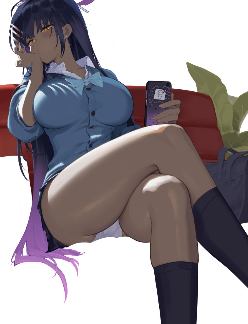 1girl absurdres aqua_bow aqua_bowtie black_hair black_skirt black_socks blue_archive blue_cardigan bow bowtie breasts cardigan cellphone collared_shirt dark-skinned_female dark_skin doodle_sensei_(blue_archive) earrings gradient_hair halo highres holding holding_phone jewelry karin_(blue_archive) karin_(school_uniform)_(blue_archive) large_breasts long_hair miniskirt multicolored_hair official_alternate_costume panties phone pleated_skirt purple_hair purple_halo school_uniform sensei_(blue_archive) shirt sitting skirt smartphone socks solo sparrow_(xici9527) stud_earrings underwear very_long_hair white_panties white_shirt yellow_eyes