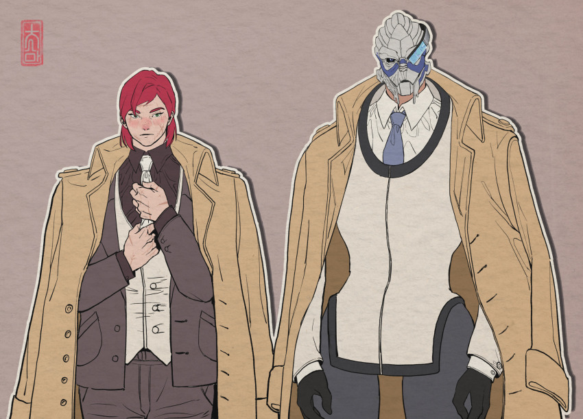 adjusting_clothes adjusting_necktie alien coat commander_shepard commander_shepard_(female) couple garrus_vakarian highres long_coat mass_effect_(series) necktie red_hair scars_on_face trench_coat tumblr turian yu-chunsam