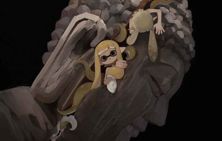 2girls black_background black_eyes blank_stare blonde_hair blunt_bangs broken_statue buddha commentary_request completely_nude crack crawling domino_mask empty_eyes hand_in_own_hair head_down head_tilt highres inkling inkling_girl inkling_player_character liang_cun_rakuna looking_at_viewer mask multiple_girls nintendo no_mouth nude pointy_ears short_eyebrows short_hair_with_long_locks simple_background splatoon_(series) tentacle_hair tentacles wide_shot