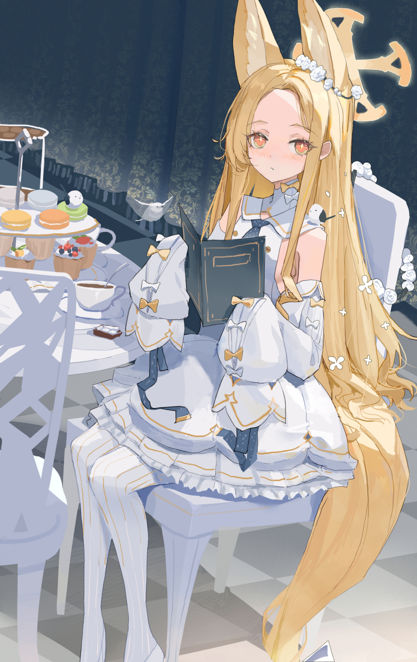 1girl absurdres animal_ear_fluff animal_ears bird blonde_hair blue_archive cross_halo cup extra_ears flower_wreath forehead fox_ears fox_girl fox_tail gradient_eyes halo highres holding holding_menu long-tailed_tit looking_at_viewer lwj menu multicolored_eyes pantyhose seia_(blue_archive) sitting sleeve_bow sleeves_past_fingers sleeves_past_wrists solo striped_clothes striped_pantyhose tail tea_party teacup teapot tiered_tray tit_(bird) vertical-striped_clothes vertical-striped_pantyhose white_bird yellow_halo
