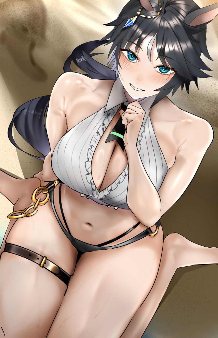 1girl absurdres adapted_costume ahoge bare_shoulders barefoot beach bikini black_hair blue_eyes breasts center_frills center_opening chain cleavage collarbone commentary_request ear_ornament feet frills fuji_kiseki_(umamusume) gold_chain green_eyes grin highres jitome_no_tsugumi large_breasts multicolored_hair navel necktie on_ground san_(mononoke_hime) sand short_hair short_necktie sitting smile solo streaked_hair swimsuit thigh_strap thighhighs thighs umamusume wariza white_hair