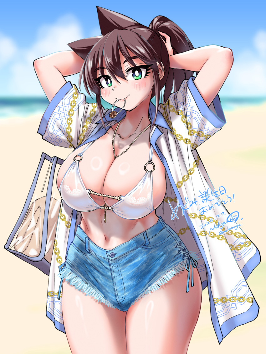 1girl amano_megumi amano_megumi_wa_suki_darake! arms_behind_head arms_up artist_name bag beach bikini bikini_top_only blurry blurry_background breasts brown_hair chain_print collarbone cowboy_shot cross-laced_clothes cross-laced_shorts denim denim_shorts green_eyes hair_tie_in_mouth happy_birthday highres horizontal_bar japanese_text jewelry lace lace-trimmed_bikini lace_bikini lace_trim large_breasts looking_at_viewer midriff mouth_hold navel necklace nekoguchi o-ring o-ring_bikini o-ring_bikini_top open_clothes open_shirt outdoors ponytail see-through_clothes see-through_bag see-through_bikini shiny_skin short_shorts shorts shoulder_bag solo strap_gap swimsuit thick_thighs thighs toned towel tying_hair white_bikini wide_hips