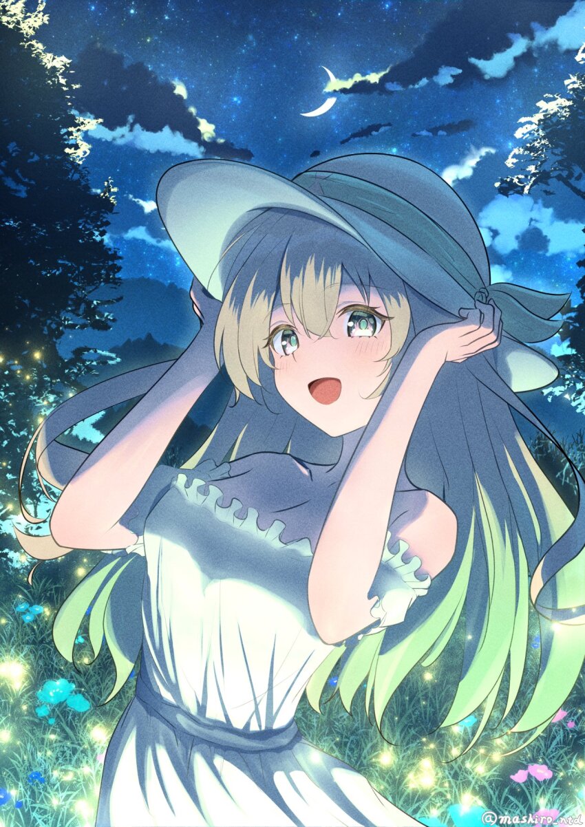 1girl blush cloud cloudy_sky dress firefly_(honkai:_star_rail) frilled_dress frills glowing glowing_hair gradient_hair grass green_pupils grey_hair hair_between_eyes hair_ornament hair_ribbon hands_on_headwear hat highres honkai:_star_rail honkai_(series) mashiro_(user_65392488) multicolored_eyes multicolored_hair open_mouth ribbon sky smile solo star_(sky) starry_sky tree white_dress white_hat