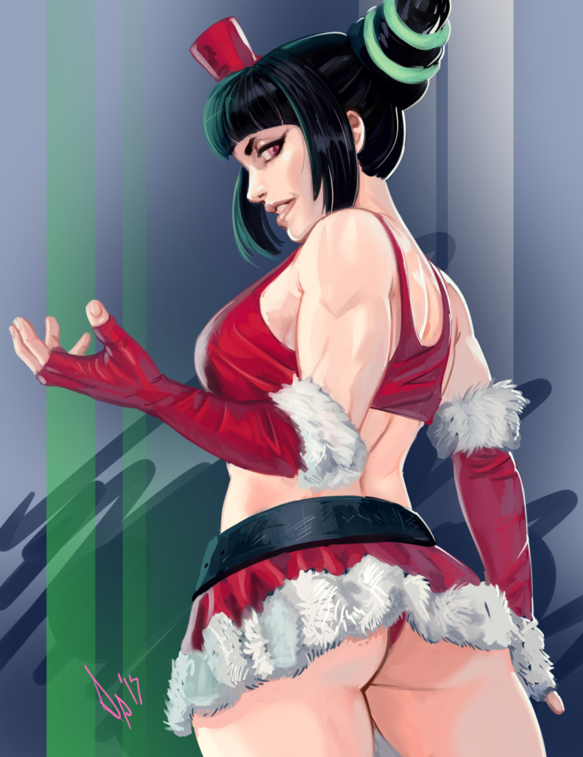 1girl alternate_costume ass back christmas crop_top diepod drill_hair elbow_gloves female_focus fingerless_gloves from_behind fur_trim gloves han_juri highres miniskirt santa_costume skirt solo street_fighter street_fighter_v twin_drills