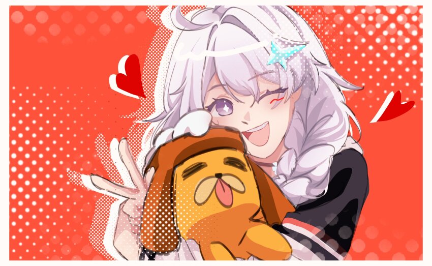 1girl ;d ahoge animal hair_intakes hair_ornament highres honkai:_nexus_anima honkai_(series) kiana_kaslana long_hair looking_at_viewer one_eye_closed open_mouth purple_circle_(b8ort2) purple_eyes red_background smile upper_body white_hair