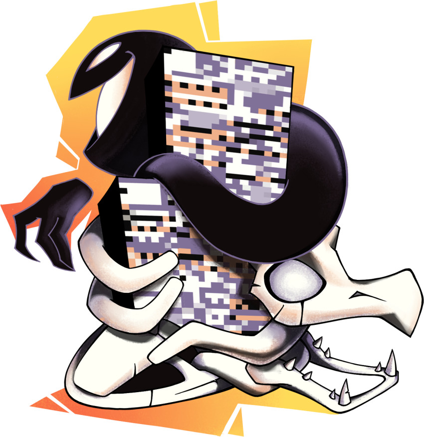 1other ackrostation aerodactyl fossil gen_1_pokemon ghost glitch highres kabutops looking_to_the_side missingno. nintendo open_mouth orange_background pokemon pokemon_(creature) pokemon_tower_ghost siivagunner skeleton smile static white_eyes