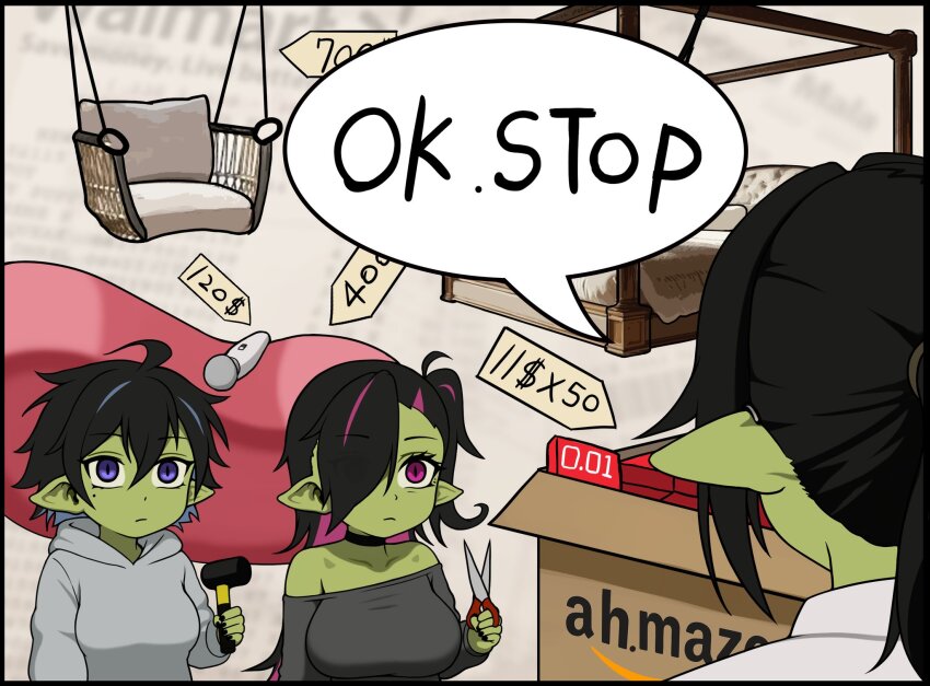 3girls ahoge ball_gag bean_bag_chair bed black_choker black_hair blue_eyes breasts canopy_bed choker colored_skin condom_box covered_erect_nipples elf english_text female_goblin gag glasses goblin green_skin grimgrim hammer hanging_chair high_ponytail highres hitachi_magic_wand holding holding_hammer holding_scissors large_breasts large_ears long_pointy_ears mother_and_daughter multiple_girls off_shoulder original pink_eyes pointy_ears ponytail price_tag scissors sex_toy short_hair shortstack skirt slit_pupils solo unworn_gag vibrator wiffle_gag