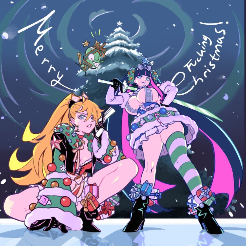 2024 2girls alternate_hairstyle asymmetrical_legwear bare_legs black_coat black_footwear black_gloves blonde_hair blue_eyes blue_eyeshadow blunt_bangs bow breasts candy candy_cane choker christmas christmas_ornaments christmas_present christmas_tree chuck_(psg) cleavage coat colored_inner_hair commentary condom condom_wrapper earrings english_commentary english_text eyeshadow food foreshortening full_body gift gloves green_sleeves grin gun hairdressing hand_on_own_hip handgun high_heels highres holding holding_gun holding_sword holding_weapon ice jewelry juliet_sleeves katana large_breasts legs_apart long_hair long_sleeves makeup multicolored_hair multicolored_skirt multiple_girls necklace night night_sky over_shoulder panty_&amp;_stocking_with_garterbelt panty_(psg) pink_hair pistol puffy_sleeves purple_hair red_choker red_lips red_vest reflection ringed_eyes siblings sisters skindentation skirt sky small_breasts smile snow star_(symbol) star_earrings star_necklace star_ornament stocking_(psg) striped_clothes striped_thighhighs sword sword_over_shoulder thick_thighs thighhighs thighs tribute_(tributism) two-tone_hair underboob very_long_hair vest weapon weapon_over_shoulder wreath