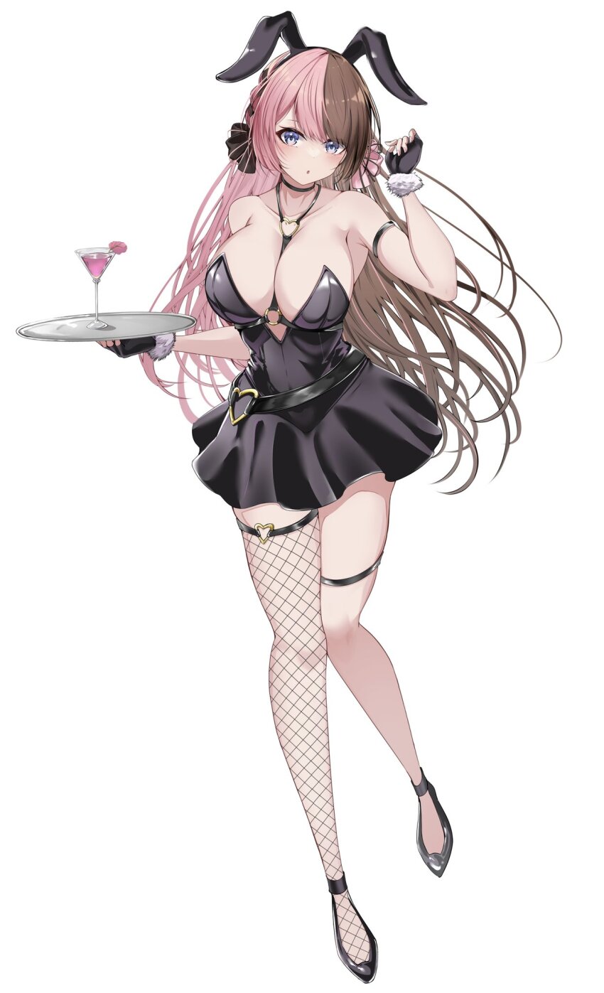 1girl animal_ears bare_shoulders belt black_belt black_choker black_dress black_gloves black_hairband black_shoes black_thighhighs blush breasts brown_hair brown_ribbon chest_harness choker collarbone cup dress drink fingerless_gloves fishnet_thighhighs fishnets gloves hair_ribbon hairband harness heart heart_of_string highres holding holding_tray large_breasts long_hair looking_at_viewer multicolored_hair o-ring o-ring_belt o-ring_harness o-ring_thigh_strap open_mouth pink_hair purple_eyes rabbit_ears ribbon shoes simple_background single_thighhigh siroha_lux solo split-color_hair tachibana_hinano thigh_strap thighhighs thighs tray two-tone_hair virtual_youtuber vspo! white_background