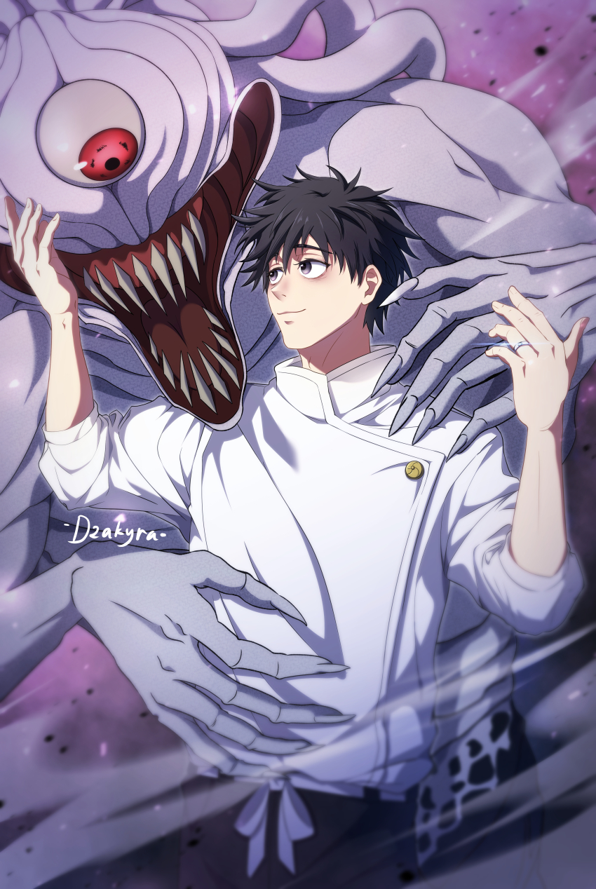 1boy absurdres artist_name bags_under_eyes black_hair blurry commentary cursed_spirit_(jujutsu_kaisen) dzakyra english_commentary highres jewelry jujutsu_kaisen looking_at_another male_focus monster okkotsu_yuuta one-eyed orimoto_rika red_eyes ring shirt short_hair standing teeth upper_body white_shirt