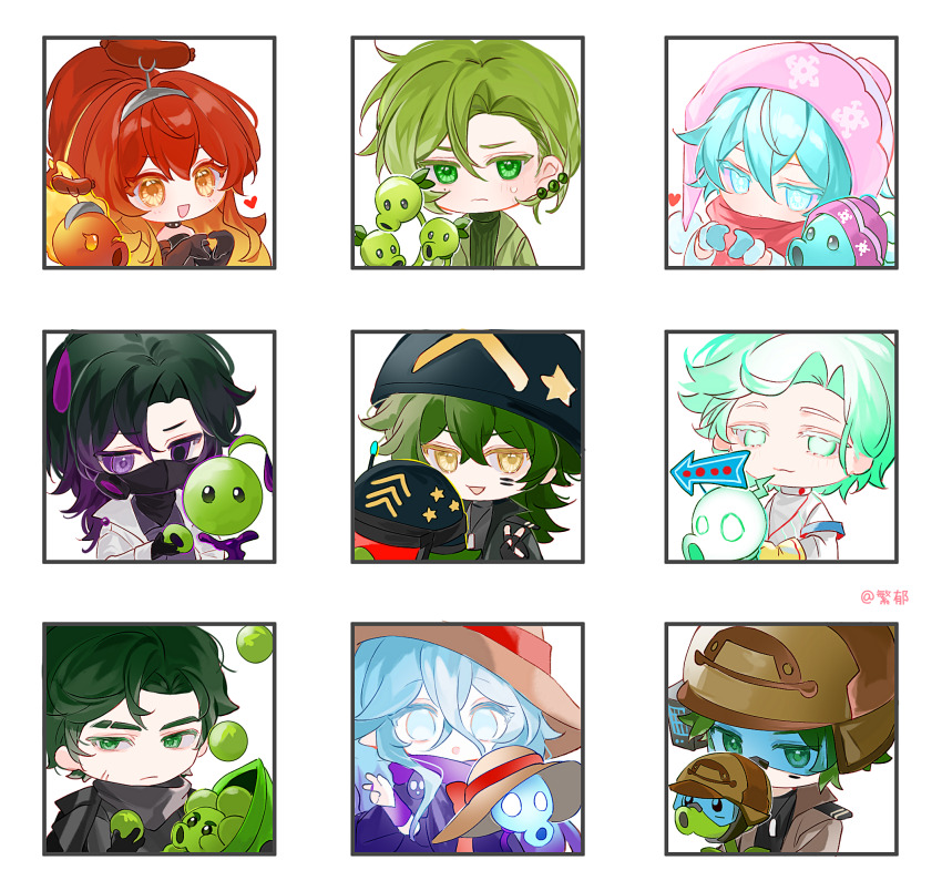 1girl 6+boys :3 :d :o aqua_eyes aqua_hair armband arrow_(symbol) beanie black_hair black_hat blue_armband blue_eyes blue_hair blue_mittens blue_visor bridal_gauntlets brown_hat brown_jacket cheek_tattoo chibi chibi_only chinese_commentary closed_mouth colored_eyelashes commentary_request crossed_bangs curtained_hair double-parted_bangs ear_piercing electric_peashooter fire_peashooter flipped_hair food frown gatling_pea_(plants_vs._zombies) goo_peashooter gradient_hair green_eyes green_jacket green_sweater grey_hairband hair_behind_ear hair_between_eyes hair_intakes hairband hat heart heart_hands helmet high_ponytail highres jacket lanyard long_hair looking_at_viewer mask medium_hair mittens mole mole_under_eye multicolored_hair multiple_boys no_nose no_pupils official_alternate_costume open_clothes open_jacket open_mouth orange_eyes orange_hair pale_skin personification piercing pink_hat plant plants_vs._zombies plants_vs._zombies_2 plants_vs._zombies_2_(chinese) pom_pom_(clothes) pom_pom_beanie ponytail purple_eyes purple_hair purple_robe purple_scarf red_hair red_scarf respirator ribbed_sweater robe sausage scarf shadow_peashooter_(plants_vs._zombies) short_hair sign siiiiiiiiiii simple_background sling_pea smile snow_pea_(plants_vs._zombies) star_(symbol) sun_hat sweatdrop sweater tattoo threepeater_(plants_vs._zombies) trap turtleneck turtleneck_sweater two-tone_hair upper_body white_background white_eyelashes white_jacket yellow_eyes