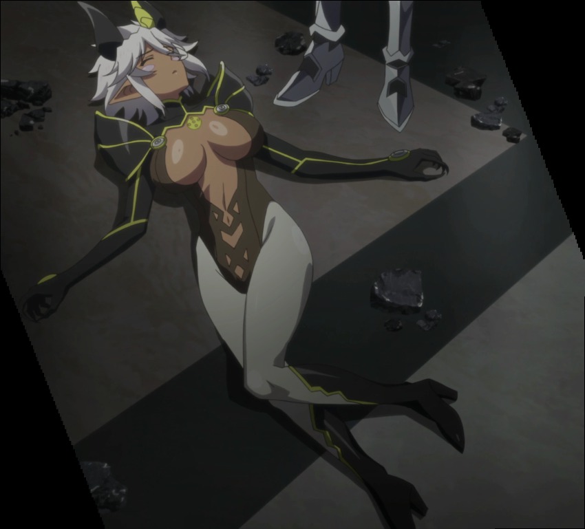 10s 1girl anime_screenshot boots breasts closed_eyes dark-skinned_female dark_skin defeat female_focus highres large_breasts lying shinmai_maou_no_testament solo stitched thigh_boots thighhighs third-party_edit unconscious white_hair zest