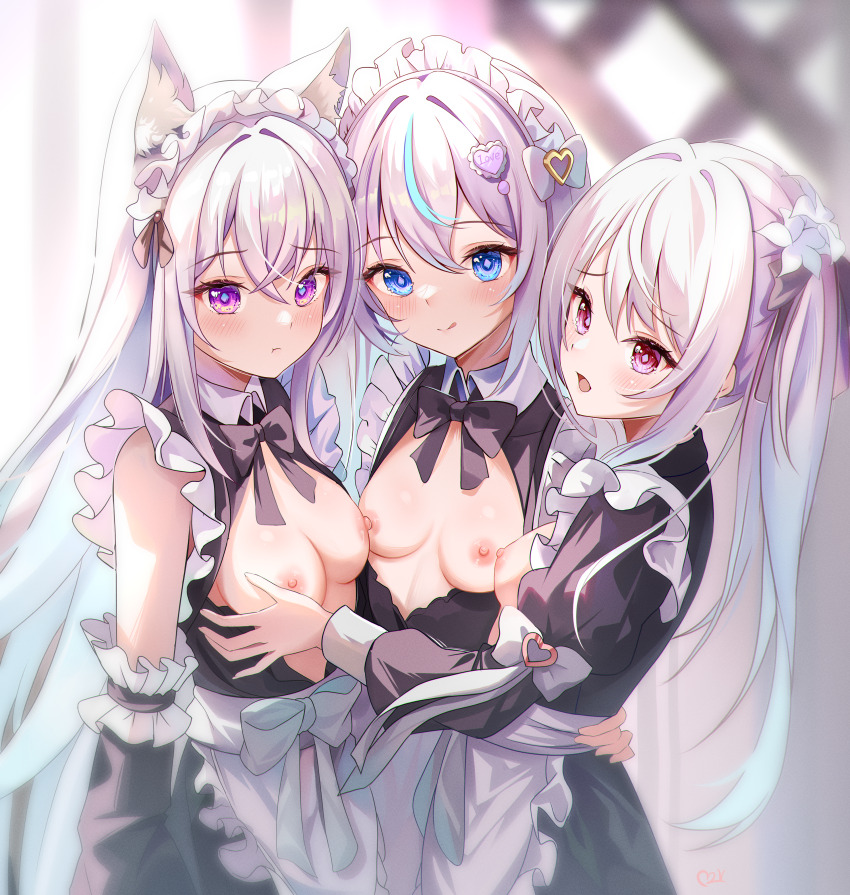 3girls absurdres animal_ears apron black_dress blue_eyes blue_hair blush breast_press breasts detached_sleeves dress flower grabbing_another&#039;s_breast gradient_hair grey_hair groping hair_flower hair_ornament hairclip highres long_hair long_sleeves looking_at_another looking_at_viewer maid maid_headdress medium_breasts multicolored_hair multiple_girls nipples open_clothes open_mouth original purple_eyes purple_hair red_eyes small_breasts smile symmetrical_docking teeth_bro twintails white_apron