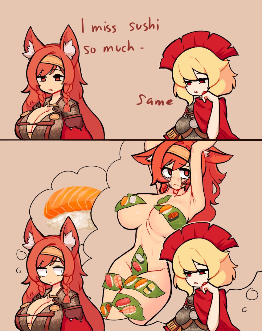 2girls 2koma absurdres animal_ears blonde_hair breasts centurii-chan centurii-chan_(character) comic female_pervert food food_on_body highres imagining large_breasts mozumi_pichi multiple_girls nude nyotaimori original pervert speech_bubble sushi thought_bubble v-dere virtual_youtuber