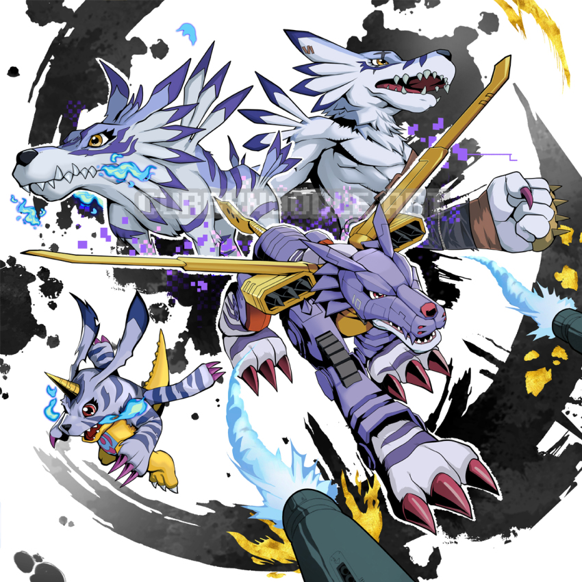 armor blue_armor blue_fire blue_fur body_fur brass_knuckles breath_weapon breathing_fire clenched_hand currynoodle_art cyborg digimon digimon_(creature) digimon_adventure evolutionary_line fire gabumon garurumon group_picture highres horns lizard mechanical_wings metalgarurumon missile red_eyes simple_background single_horn weapon weregarurumon werewolf white_background wings wolf yellow_eyes