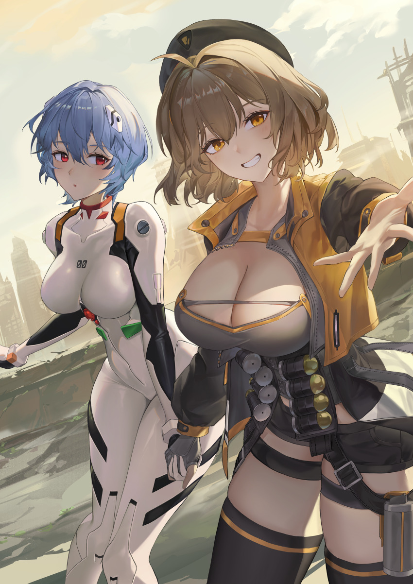 2girls absurdres ahoge anis_(nikke) ayanami_rei beret black_jacket black_shorts black_thighhighs blue_hair blush bodysuit breasts brown_eyes brown_hair brown_hat cleavage cleavage_cutout clothing_cutout commentary crossover eru_(eru_illust) evening goddess_of_victory:_nikke grey_shirt grin hair_intakes hairpods hat highres holding_hands jacket large_breasts looking_at_another mecha_pilot_suit multicolored_jacket multiple_girls neon_genesis_evangelion open_mouth orange_jacket outdoors outstretched_arm plugsuit_(evangelion) red_eyes shirt short_hair short_shorts shorts skindentation smile thick_thighs thighhighs thighs two-tone_jacket white_bodysuit