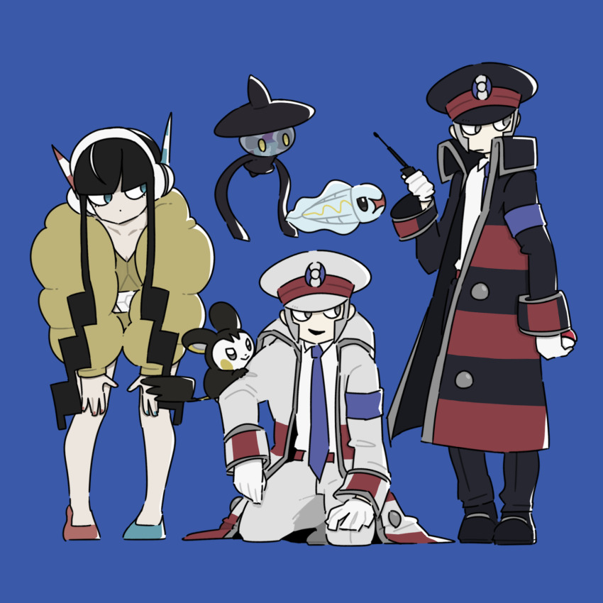 1girl 2boys armband belt black_coat black_eyes black_footwear black_hair black_hat black_pants blue_armband blue_background blue_eyes blue_necktie coat collared_shirt eel elesa_(pokemon) emmet_(pokemon) emolga fire flying_squirrel gen_5_pokemon glass gloves grey_eyes grey_hair hat headphones high_heels highres holding holding_poke_ball holding_walkie-talkie ingo_(pokemon) jacket lamp lampent long_hair looking_to_the_side multiple_boys nail_polish necktie nintendo open_clothes open_coat pants poke_ball pokemon pokemon_(creature) pokemon_bw pokemon_bw2 purple_fire shirt short_hair shorts sideburns smile sports_bra squirrel tail tokiwa_(mojya-mojya100) tynamo walkie-talkie white_coat white_footwear white_gloves white_pants white_shirt yellow_eyes yellow_jacket