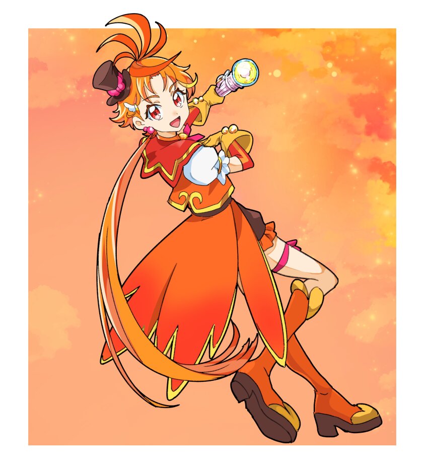 1boy absurdres black_shorts boots coattails commentary cure_wing earrings frilled_shorts frills from_side full_body gloves hat highres hirogaru_sky!_precure holding jacket jewelry knee_boots layered_gloves leg_ribbon long_hair looking_at_viewer looking_back low_ponytail magical_boy male_focus mini_hat mini_top_hat open_mouth orange_background orange_boots orange_gloves orange_hair orange_jacket ponytail precure puffy_short_sleeves puffy_sleeves red_eyes ribbon short_sleeves shorts sky_mirage smile solo standing standing_on_one_leg top_hat tsukikage_oyama yuunagi_tsubasa