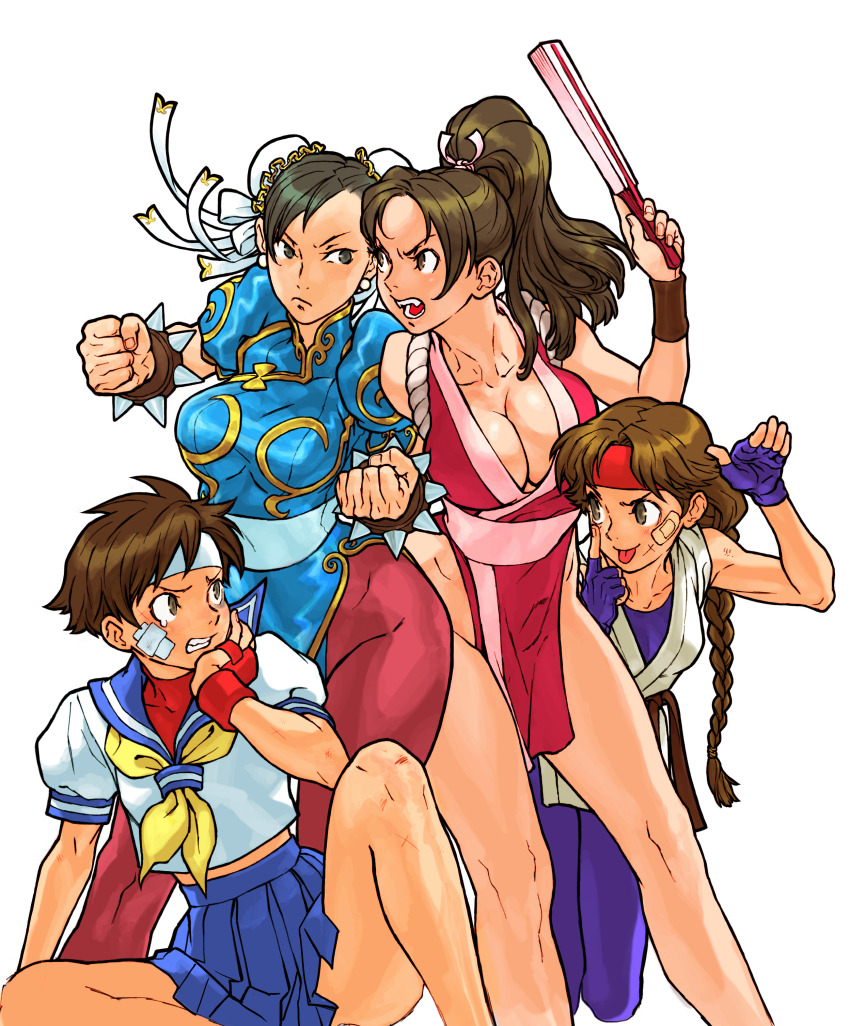 4girls absurdres bandaid bare_shoulders blue_sailor_collar bracelet braid breasts brown_eyes brown_hair bun_cover capcom capcom_vs_snk china_dress chinese_clothes chun-li cleavage crossover double_bun dress fatal_fury fingerless_gloves folded_fan folding_fan game_cg gloves hair_bun hand_fan headband highres holding holding_fan japanese_clothes jewelry kasugano_sakura large_breasts multiple_girls neckerchief nishimura_kinu non-web_source official_art pantyhose pelvic_curtain ponytail ryuuko_no_ken sailor_collar sash school_uniform serafuku shiranui_mai simple_background single_braid spandex spiked_bracelet spikes street_fighter the_king_of_fighters trait_connection white_background yuri_sakazaki