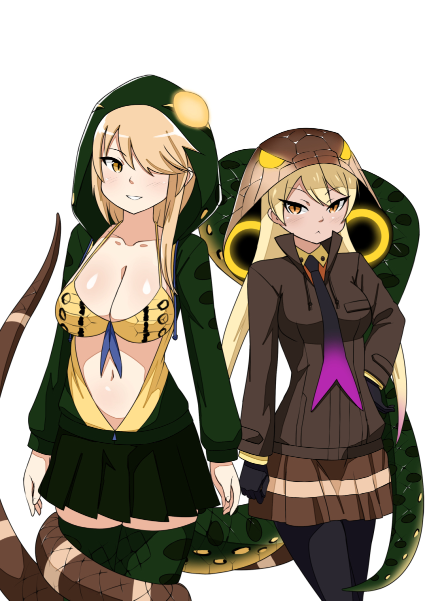 &gt;:&lt; 10s 2girls :&lt; anaconda bikini bikini_top_only black_gloves black_legwear blonde_hair breasts brown_eyes center_opening character_request cleavage closed_mouth collarbone commentary cowboy_shot cowfee dark_skin dark-skinned_female drawstring gloves green_anaconda green_eyes green_legwear hair_over_one_eye hand_on_own_hip highres hood kemono_friends king_cobra_(kemono_friends) large_breasts long_hair long_sleeves looking_at_viewer multiple_girls navel necktie original otakuevangelist pantyhose parted_lips pleated_skirt shirt simple_background skirt slit_pupils smile snake_tail swimsuit tail tail_wrap thighhighs v-shaped_eyebrows white_background yellow_eyes
