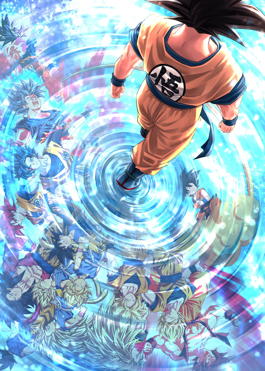 6+boys age_progression arms_at_sides aura backlighting black_eyes black_hair blonde_hair blue_footwear blurry body_fur bokeh boots child clenched_hands clothes_writing commentary_request depth_of_field different_reflection dougi dragon_ball dragon_ball_(classic) dragon_ball_(object) dragon_ball_gt dragon_ball_super dragon_ball_z_fukkatsu_no_f dragon_ball_z_kami_to_kami dragonball_z expressionless facing_away flying_nimbus from_above highres indian_style kaiouken light_particles long_hair looking_at_viewer looking_back male_focus mattari_illust monkey_tail multiple_boys multiple_persona nape pectorals profile red_eyes red_hair reflection ripples screaming shirt sitting son_goku spiked_hair standing standing_on_liquid super_saiyan super_saiyan_1 super_saiyan_2 super_saiyan_3 super_saiyan_4 super_saiyan_blue super_saiyan_god tail topless_male torn_clothes torn_shirt twitter_username ultra_instinct upside-down walking water wristband yellow_eyes