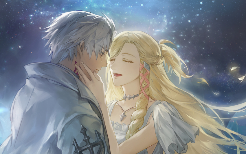 1boy 1girl blonde_hair braid closed_eyes coat collar collarbone commentary crying crying_with_eyes_open dress final_fantasy final_fantasy_xiv floating_hair from_side grey_eyes hair_ribbon half_updo hand_on_another&#039;s_chin hand_up highres hyur jewelry john_doodle long_hair metal_collar minfilia_warde neck_tattoo night night_sky open_mouth pendant profile ribbon short_hair side_braid single_braid sky smile star_(sky) starry_sky swept_bangs symbol-only_commentary tattoo tears thancred_waters upper_body white_coat white_dress white_hair