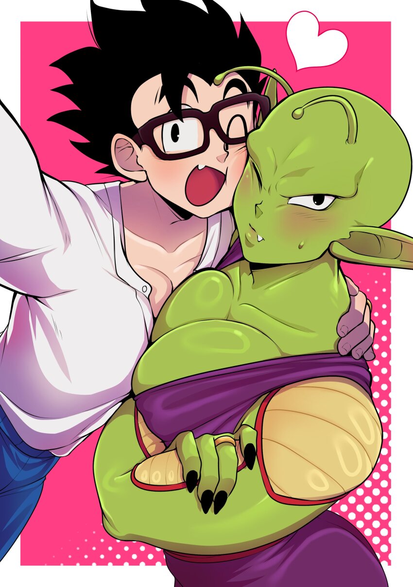 2boys absurdres black_hair blush cheek-to-cheek couple dragon_ball fangs glasses green_skirt happy heads_together highres husband_and_husband jewelry large_pectorals male_focus multiple_boys muscular muscular_male niusesabe one_eye_closed open_mouth pectorals piccolo ring shirt short_hair skirt son_gohan yaoi