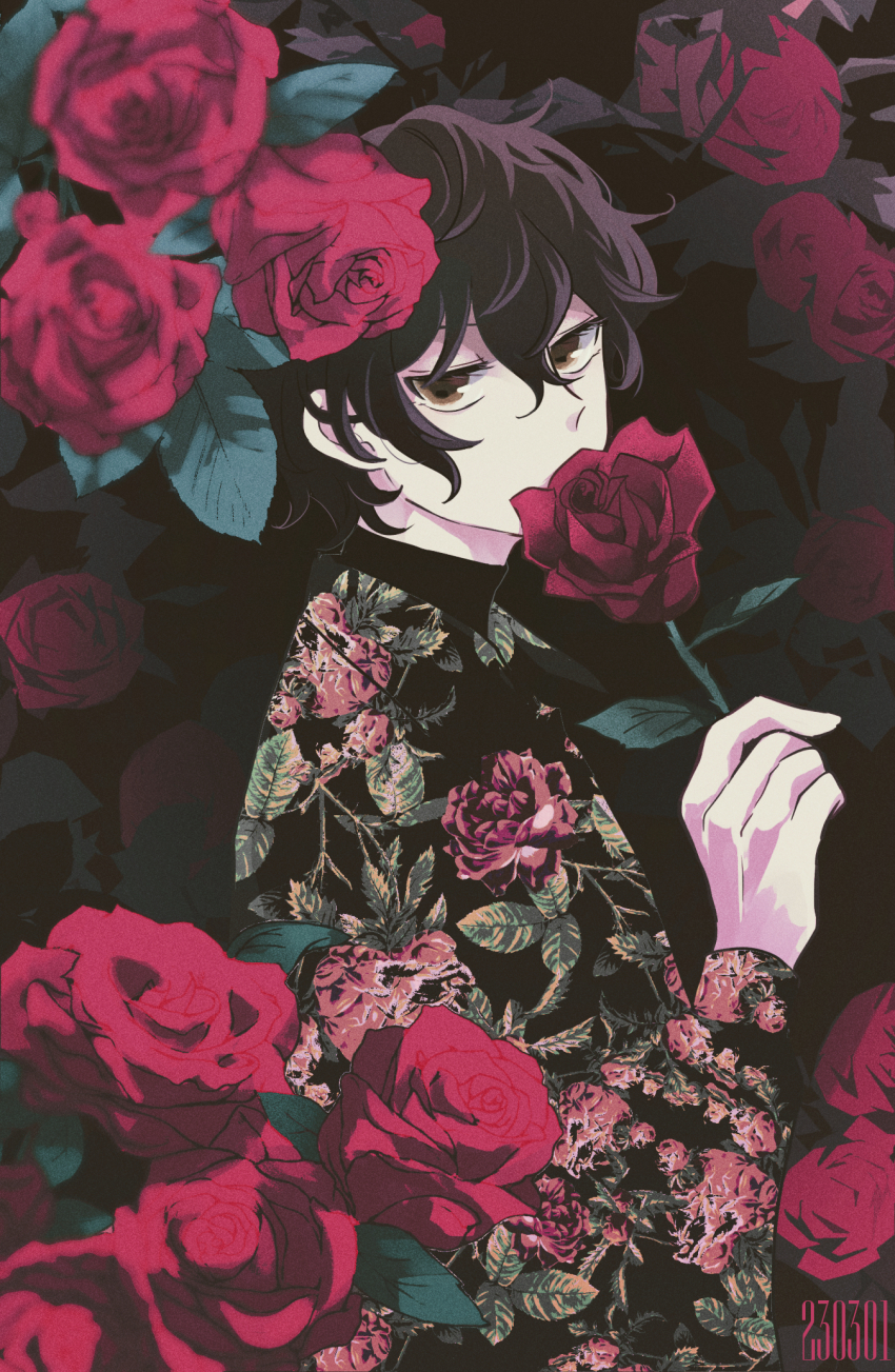 1boy black_hair blurry brown_eyes collared_shirt depth_of_field floral_print_shirt flower flower_over_mouth from_side hair_between_eyes highres holding holding_flower katsuragi_atori layered_shirt long_sleeves looking_at_viewer male_focus mizuki_hajime pale_skin red_flower red_rose rose rose_bush shirt short_hair solo sweater tennis_no_ouji-sama turtleneck turtleneck_sweater upper_body wavy_hair