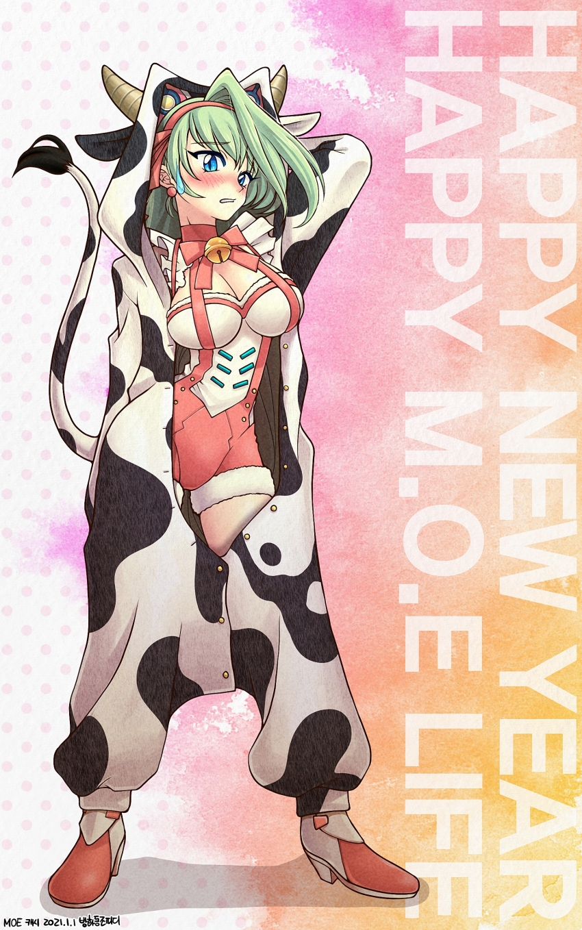 1girl absurdres animal_costume arm_behind_head arm_up artist_name banghwadongjopidi bell blue_eyes blush bow bowtie breasts cassie_(master_of_eternity) character_name chinese_zodiac cleavage clenched_teeth commentary_request contrapposto copyright_name cow_costume cow_horns dated earrings embarrassed english_text fake_tail green_hair hairband happy_new_year high_heels highres horns jewelry jingle_bell korean_commentary large_breasts long_hair looking_at_viewer master_of_eternity neck_ribbon new_year partial_commentary partially_unbuttoned pink_bow pink_hairband polka_dot polka_dot_background ribbon shoes solo tail teeth very_long_hair white_tail year_of_the_ox