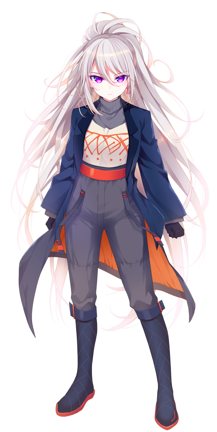 1girl absurdres black_gloves blue_boots blue_jacket bodysuit boots commentary_request earrings gloves grey_bodysuit grey_hair hair_between_eyes highres higuchi_kaede higuchi_kaede_(10th_costume) jacket jewelry knee_boots long_hair long_sleeves looking_at_viewer mole mole_under_eye nijisanji nikyuppa pink_eyes solo virtual_youtuber white_background