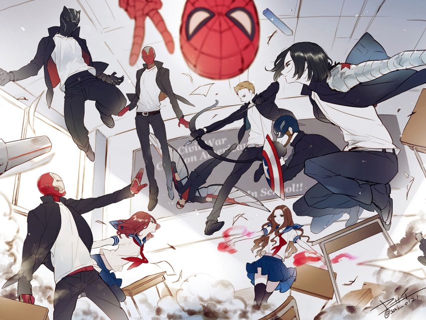 2girls 6+boys ant-man avengers_(series) black_panther_(marvel) black_widow blurry bow_(weapon) captain_america captain_america:_civil_war captain_america_(series) captain_america_civil_war chalkboard clint_barton depth_of_field desk drawing_bow everyone gakuran hawkeye_(marvel) holding holding_bow_(weapon) holding_weapon iron_man bucky_barnes james_rhodes marvel marvel_cinematic_universe mechanical_arms mini_person miniboy multiple_boys multiple_girls natasha_romanoff sam_wilson scarlet_witch school_uniform scott_lang serafuku single_mechanical_arm spider-man steve_rogers superhero_costume t&#039;challa the_falcon tony_stark vision_(marvel) war_machine weapon wings winter_soldier yasai_(getsu)