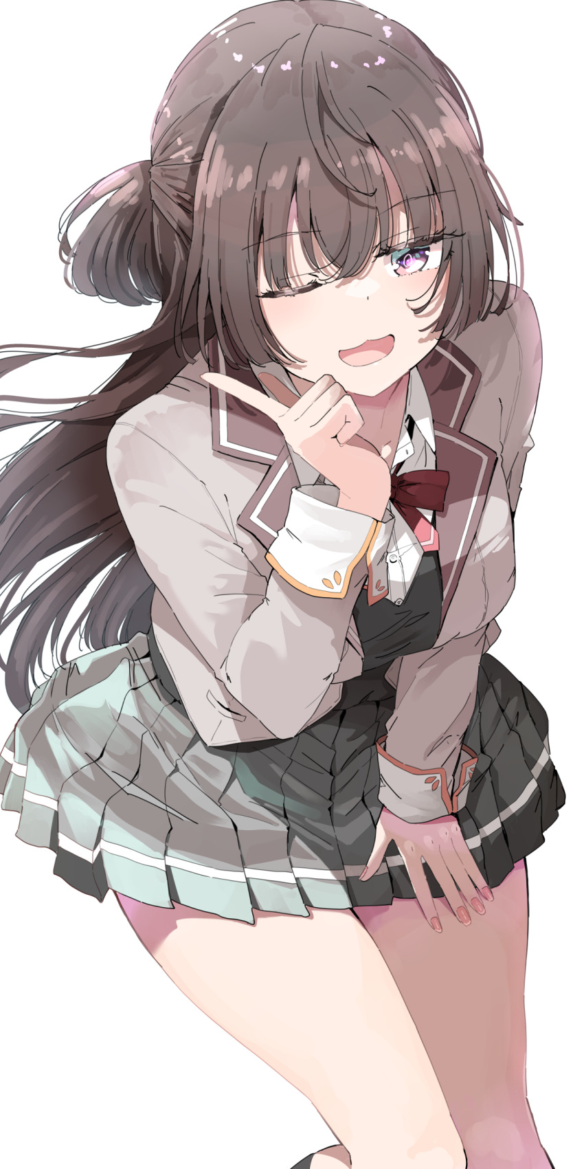 1girl black_skirt black_vest blazer bow bowtie brown_eyes brown_hair collared_shirt grey_jacket highres index_finger_raised jacket long_hair long_sleeves looking_at_viewer miniskirt nyoijizai one_eye_closed open_mouth red_bow red_bowtie school_uniform seiren_academy_school_uniform shirt simple_background skirt solo suou_yuki thighs tokidoki_bosotto_roshia-go_de_dereru_tonari_no_alya-san vest white_background white_shirt wing_collar