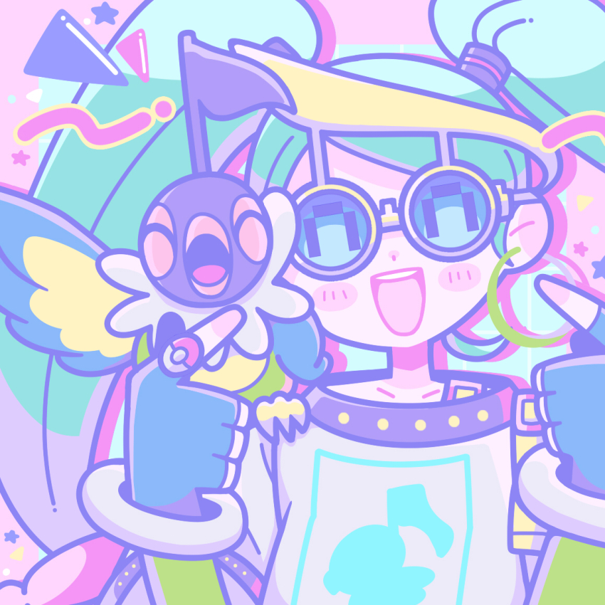 blue-tinted_eyewear blue_hair blush blush_stickers chatot closed_eyes commentary_request fingerless_gloves gen_4_pokemon glasses gloves hatsune_miku long_hair nintendo normal_miku_(project_voltage) on_shoulder open_mouth pokemon pokemon_(creature) pokemon_on_shoulder project_voltage shirt smile teeth tinted_eyewear twintails upper_teeth_only vocaloid white_shirt yazawa_mametarou yellow-framed_eyewear
