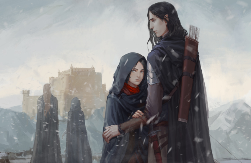 4boys absurdres armor arrow_(projectile) black_cape black_hair blue_eyes brown_hair cape castle cloak day earrame elrond elros highres hood hooded_cloak maedhros maglor multiple_boys outdoors pointy_ears quiver sheath sheathed snow standing the_silmarillion tolkien&#039;s_legendarium tolkien&#039;s_legendarium