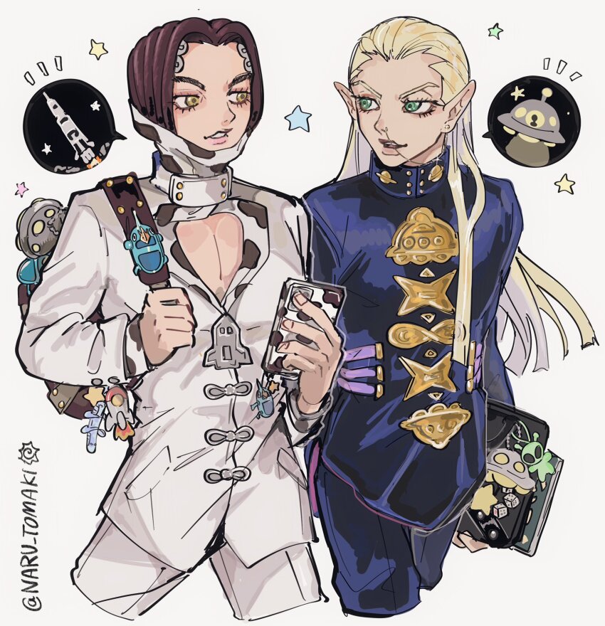2boys animal_print backpack bag black_hair blonde_hair blue_jacket blue_pants book brown_hair cellphone character_doll charm_(object) cleavage_cutout clothing_cutout commentary cow_print cropped_legs diamond_wa_kudakenai doll gakuran green_eyes hazekura_mikitaka highres holding holding_phone jacket jojo_no_kimyou_na_bouken long_hair long_sleeves looking_at_another male_focus multiple_boys naru_tomaki pants pectoral_cleavage pectorals phone pointy_ears rikiel school_bag school_uniform sky_high_(stand) smile spacecraft stand_(jojo) star_(symbol) stone_ocean symbol-only_commentary time_paradox ufo white_background white_jacket yellow_eyes zipper zipper_pull_tab