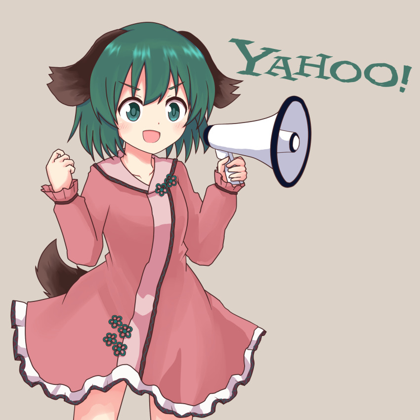1girl animal_ears bad_id bad_pixiv_id bansyakumikan dog_ears dog_tail dress frilled_skirt frilled_sleeves frills green_eyes green_hair hands_up highres kasodani_kyouko long_sleeves megaphone open_mouth pink_dress short_hair simple_background skirt tail touhou yahoo yahoo!