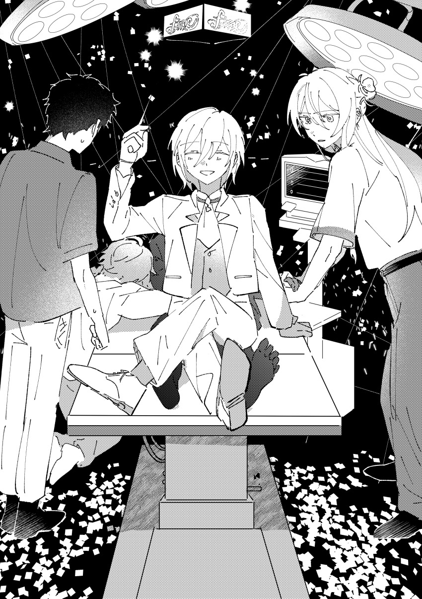 4boys ^_^ absurdres arm_up bed black_background cardiogram closed_eyes confetti crossed_legs dithering dress_shoes dual_persona ensemble_stars! examination_light facing_viewer fine_(ensemble_stars!) flatlining fushimi_yuzuru greyscale group_name hair_between_eyes happy hibiki_wataru highres himemiya_tori hospital hospital_bed implied_death jacket looking_at_another male_focus monochrome multiple_boys open_clothes open_jacket pants shirt stage_lights surreal tenshouin_eichi tohzai_namboku vest worried